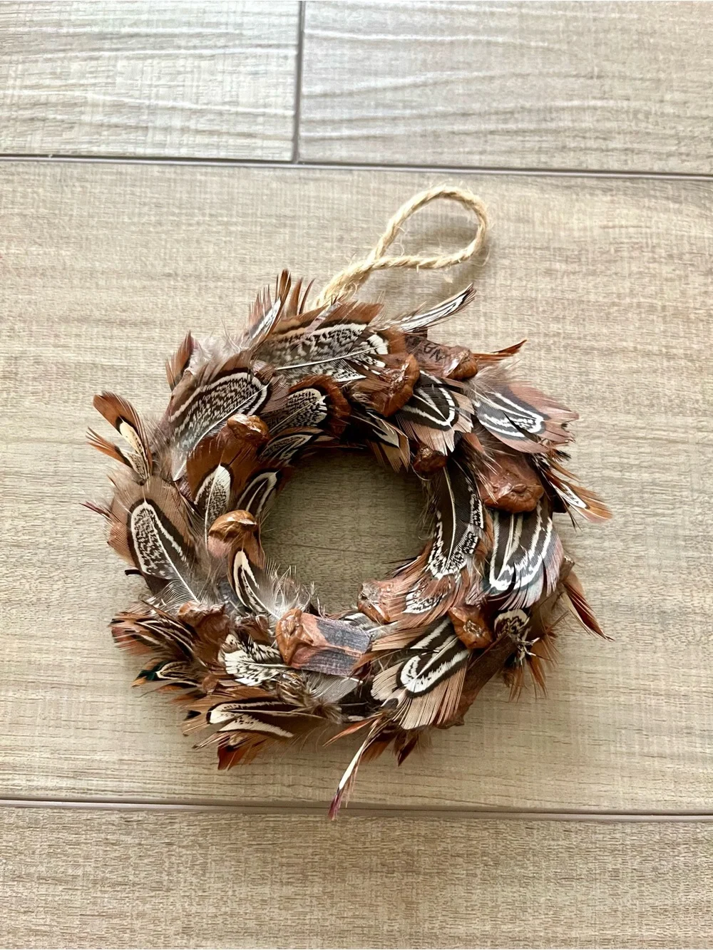 Handmade Natural Brown Pheasant Feather Holiday Ornament Wreath